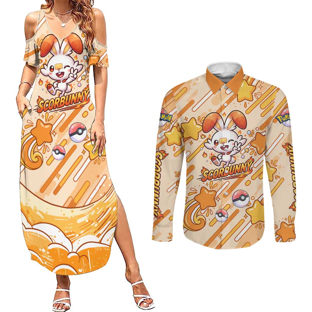 Scorbunny Couples Matching Summer Maxi Dress and Long Sleeve Button Shirt Energetic Fire Starburst Art