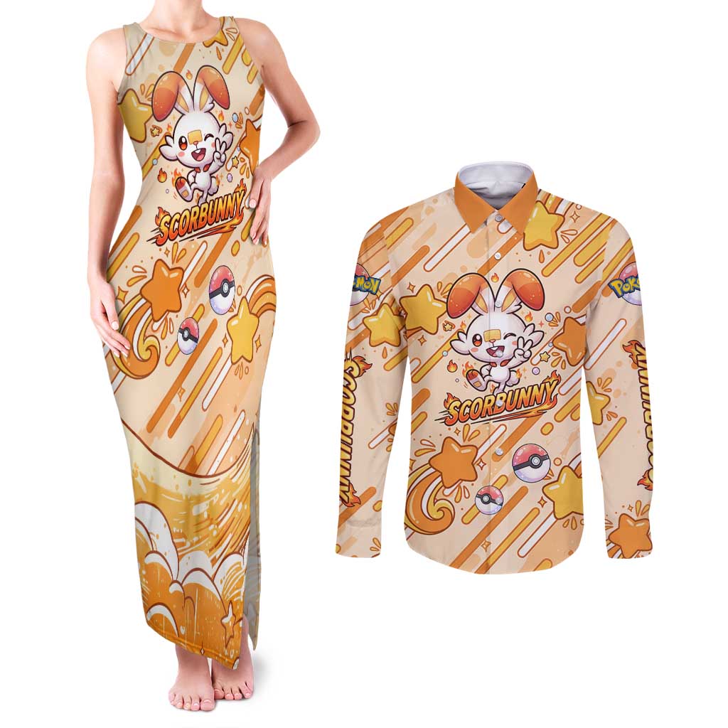 Scorbunny Couples Matching Tank Maxi Dress and Long Sleeve Button Shirt Energetic Fire Starburst Art