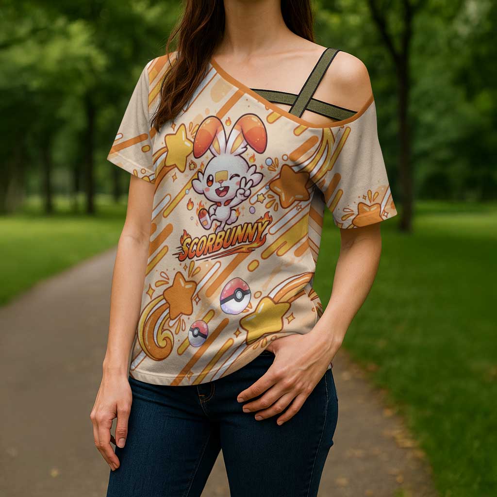 Scorbunny Cross Shoulder Shirt Energetic Fire Starburst Art