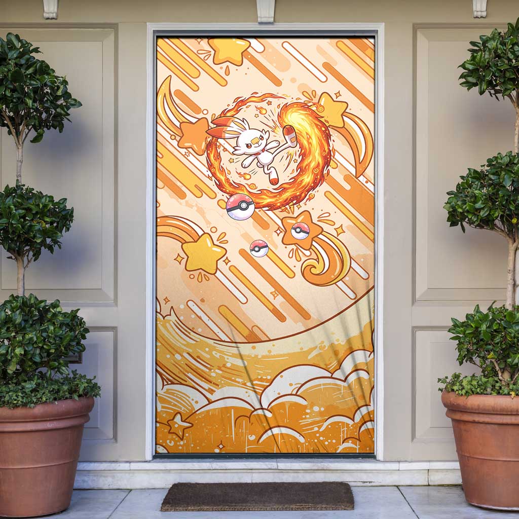 Scorbunny Door Cover Energetic Fire Starburst Art