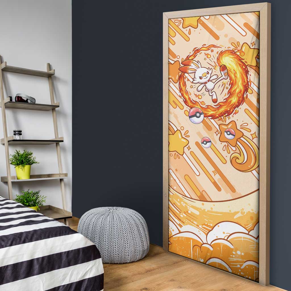 Scorbunny Door Cover Energetic Fire Starburst Art