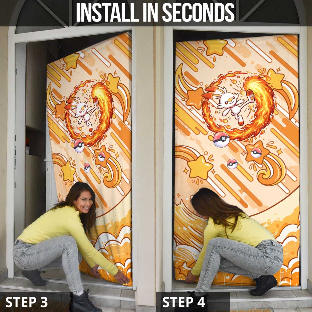 Scorbunny Door Cover Energetic Fire Starburst Art