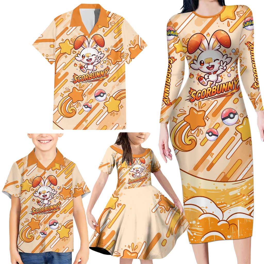 Scorbunny Family Matching Long Sleeve Bodycon Dress and Hawaiian Shirt Energetic Fire Starburst Art