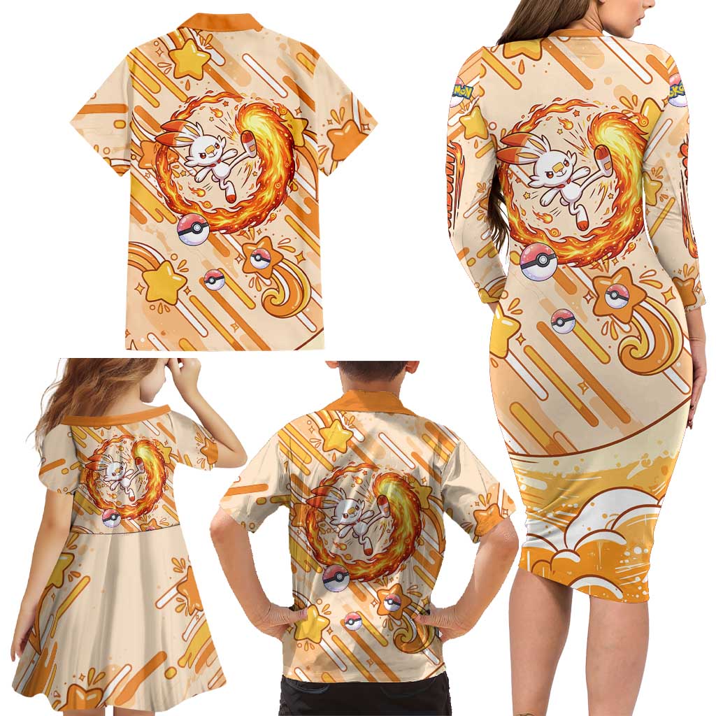 Scorbunny Family Matching Long Sleeve Bodycon Dress and Hawaiian Shirt Energetic Fire Starburst Art