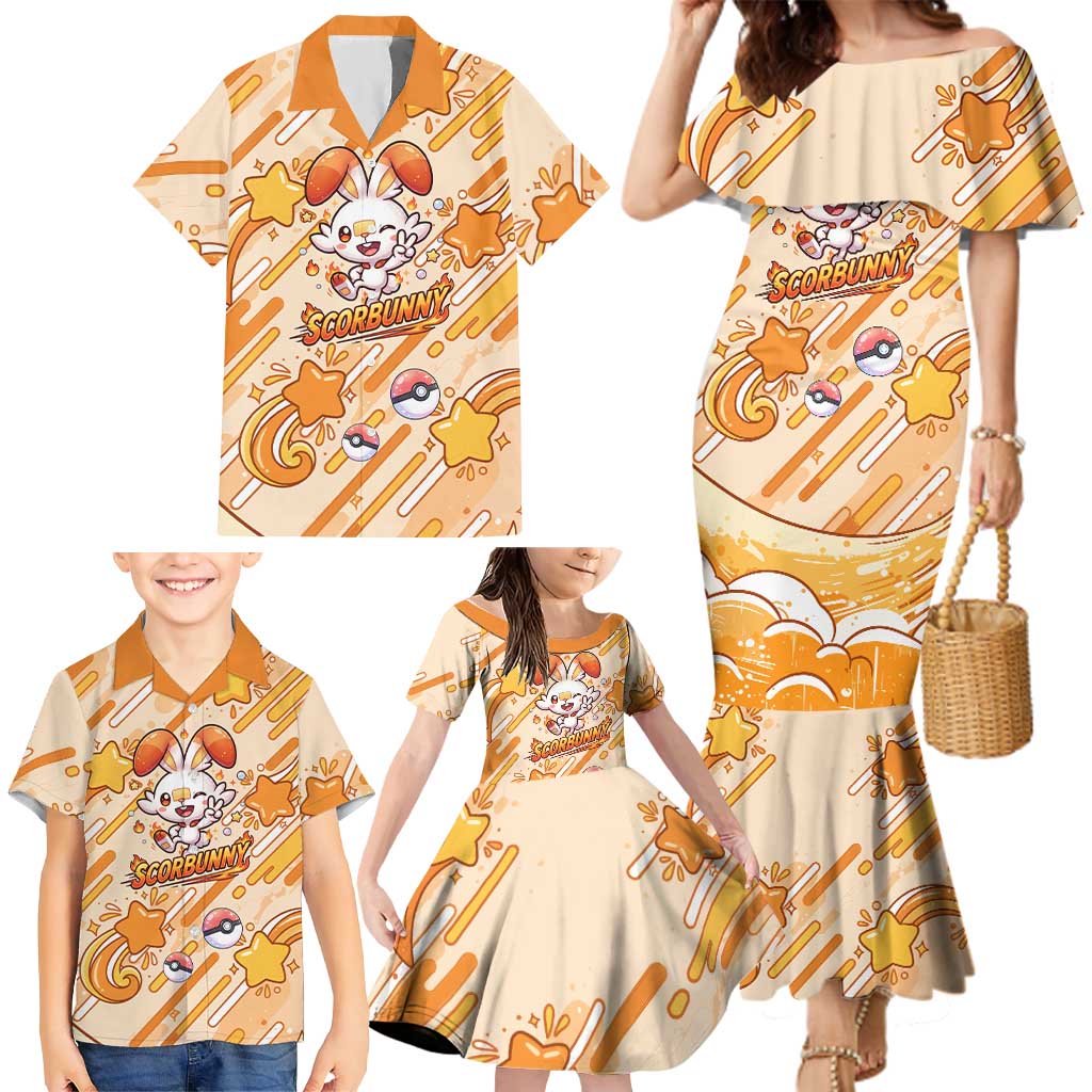 Scorbunny Family Matching Mermaid Dress and Hawaiian Shirt Energetic Fire Starburst Art