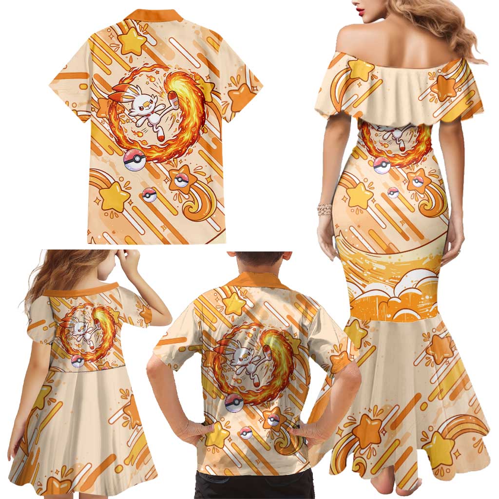 Scorbunny Family Matching Mermaid Dress and Hawaiian Shirt Energetic Fire Starburst Art