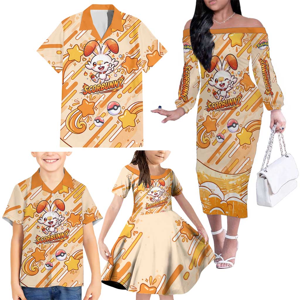 Scorbunny Family Matching Off The Shoulder Long Sleeve Dress and Hawaiian Shirt Energetic Fire Starburst Art
