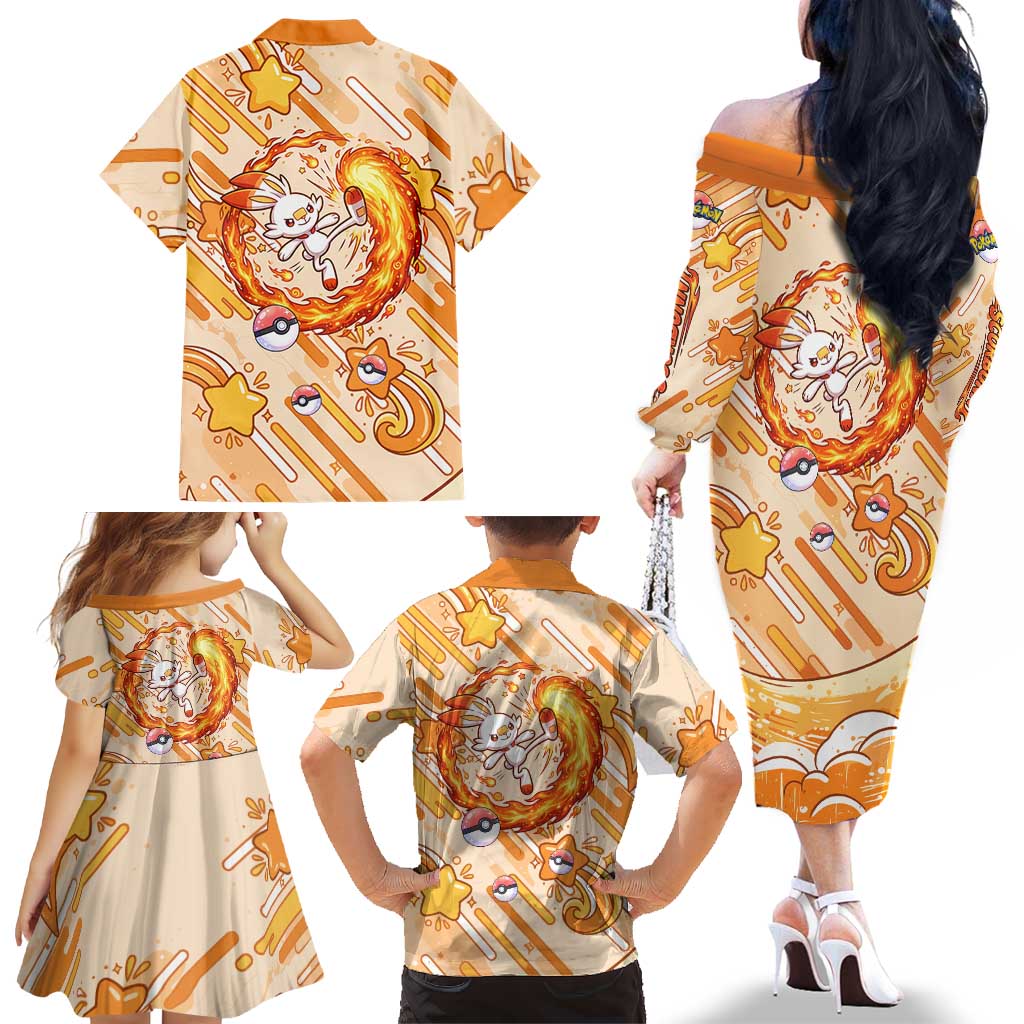 Scorbunny Family Matching Off The Shoulder Long Sleeve Dress and Hawaiian Shirt Energetic Fire Starburst Art
