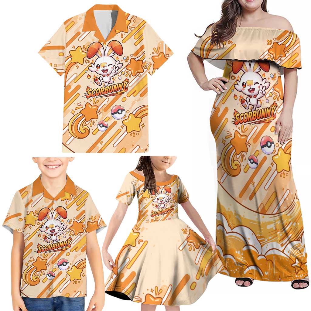 Scorbunny Family Matching Off Shoulder Maxi Dress and Hawaiian Shirt Energetic Fire Starburst Art