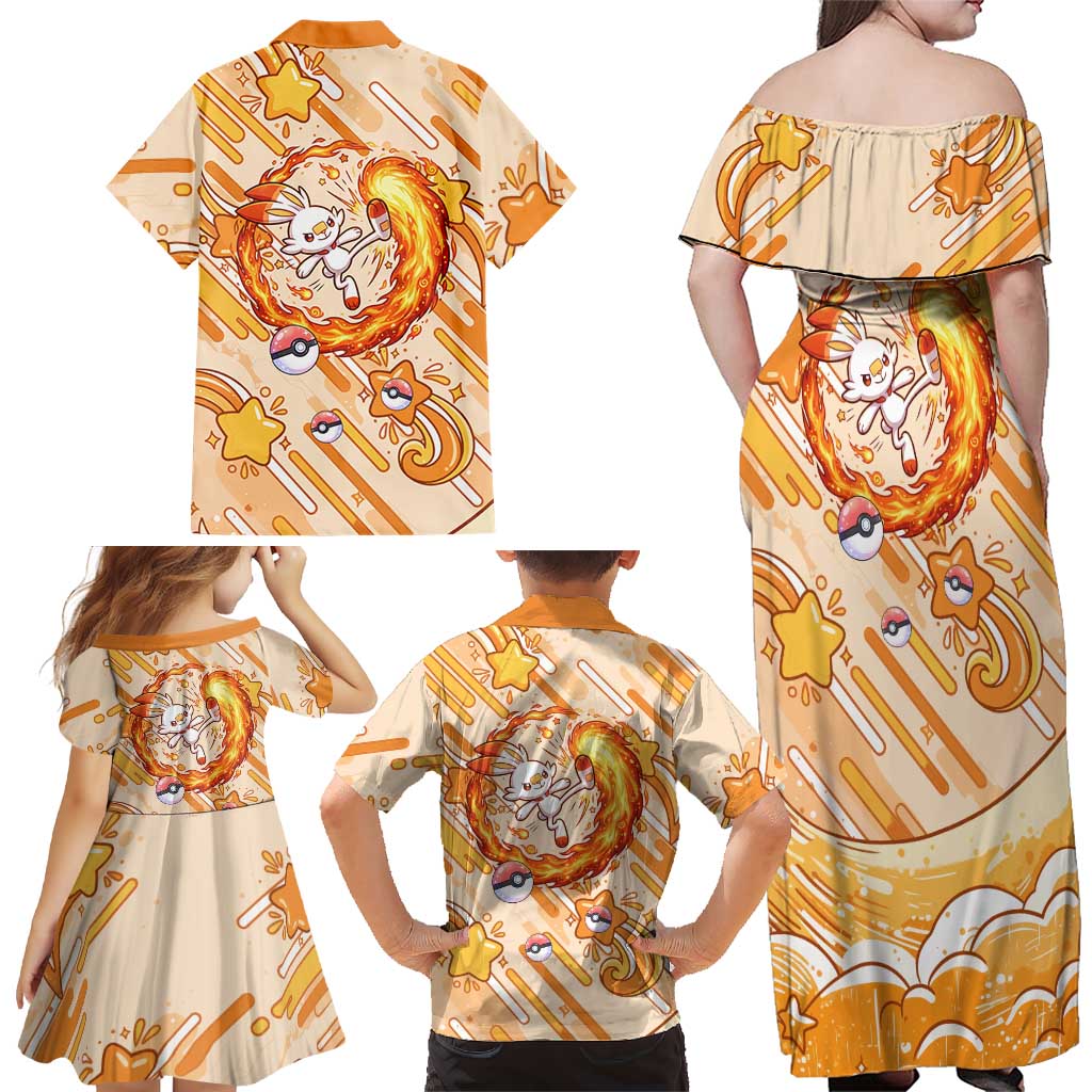 Scorbunny Family Matching Off Shoulder Maxi Dress and Hawaiian Shirt Energetic Fire Starburst Art