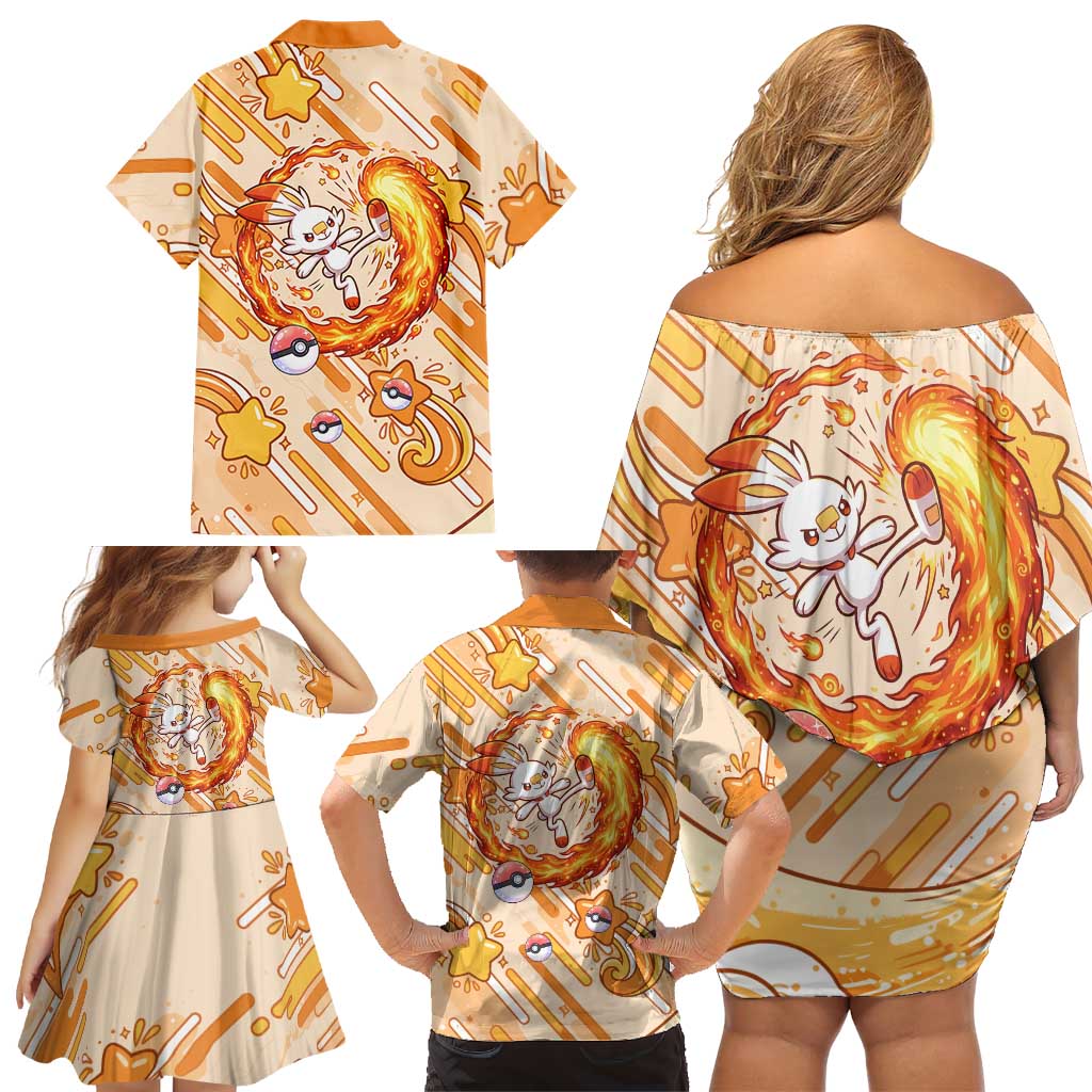 Scorbunny Family Matching Off Shoulder Short Dress and Hawaiian Shirt Energetic Fire Starburst Art