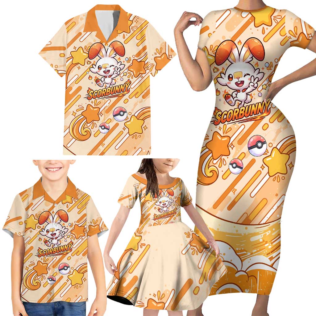 Scorbunny Family Matching Short Sleeve Bodycon Dress and Hawaiian Shirt Energetic Fire Starburst Art