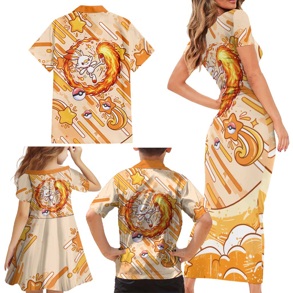 Scorbunny Family Matching Short Sleeve Bodycon Dress and Hawaiian Shirt Energetic Fire Starburst Art