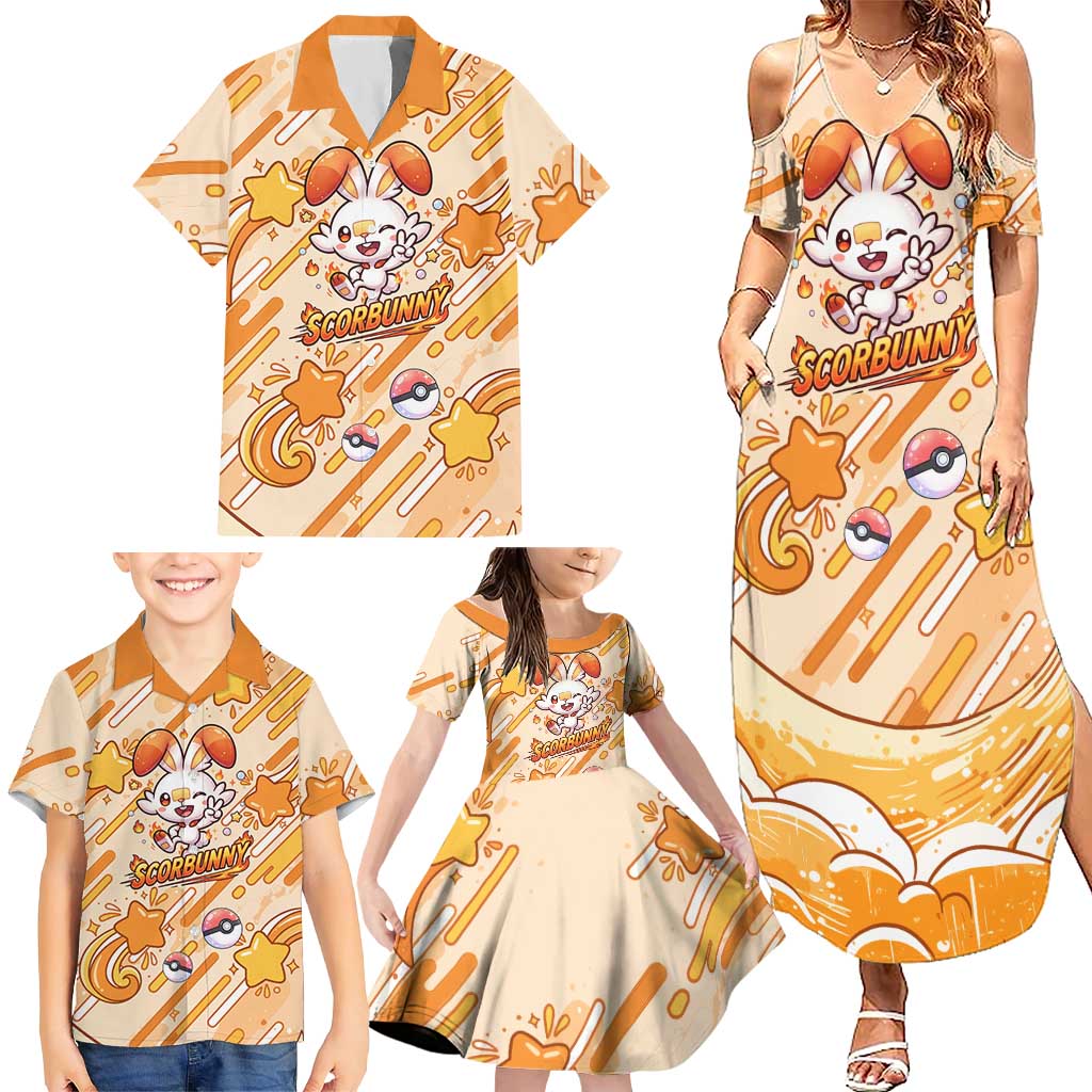Scorbunny Family Matching Summer Maxi Dress and Hawaiian Shirt Energetic Fire Starburst Art