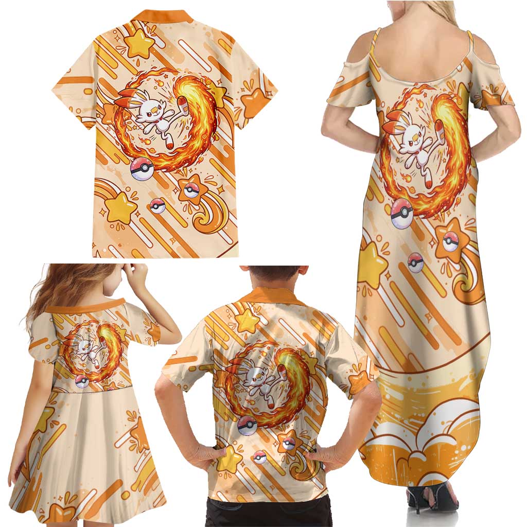 Scorbunny Family Matching Summer Maxi Dress and Hawaiian Shirt Energetic Fire Starburst Art