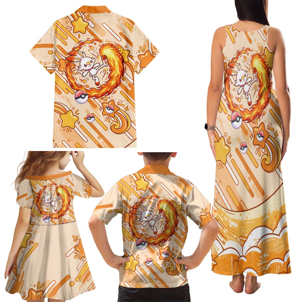 Scorbunny Family Matching Tank Maxi Dress and Hawaiian Shirt Energetic Fire Starburst Art