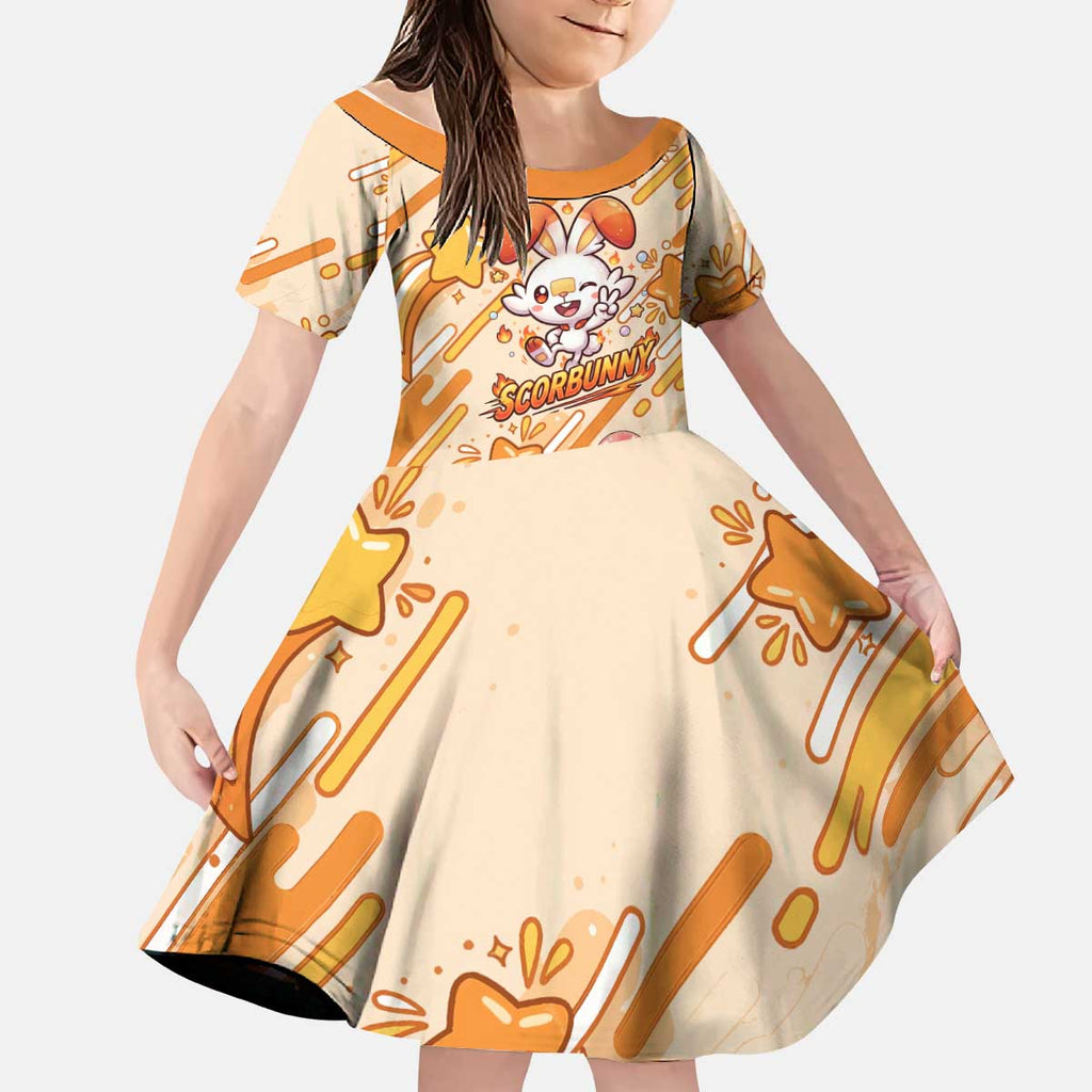 Scorbunny Kid Short Sleeve Dress Energetic Fire Starburst Art