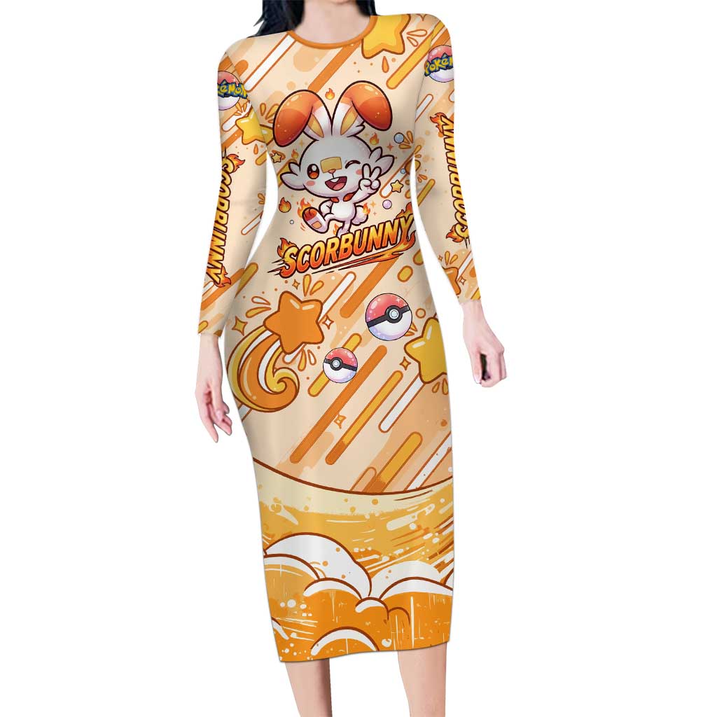 Scorbunny Long Sleeve Bodycon Dress Energetic Fire Starburst Art