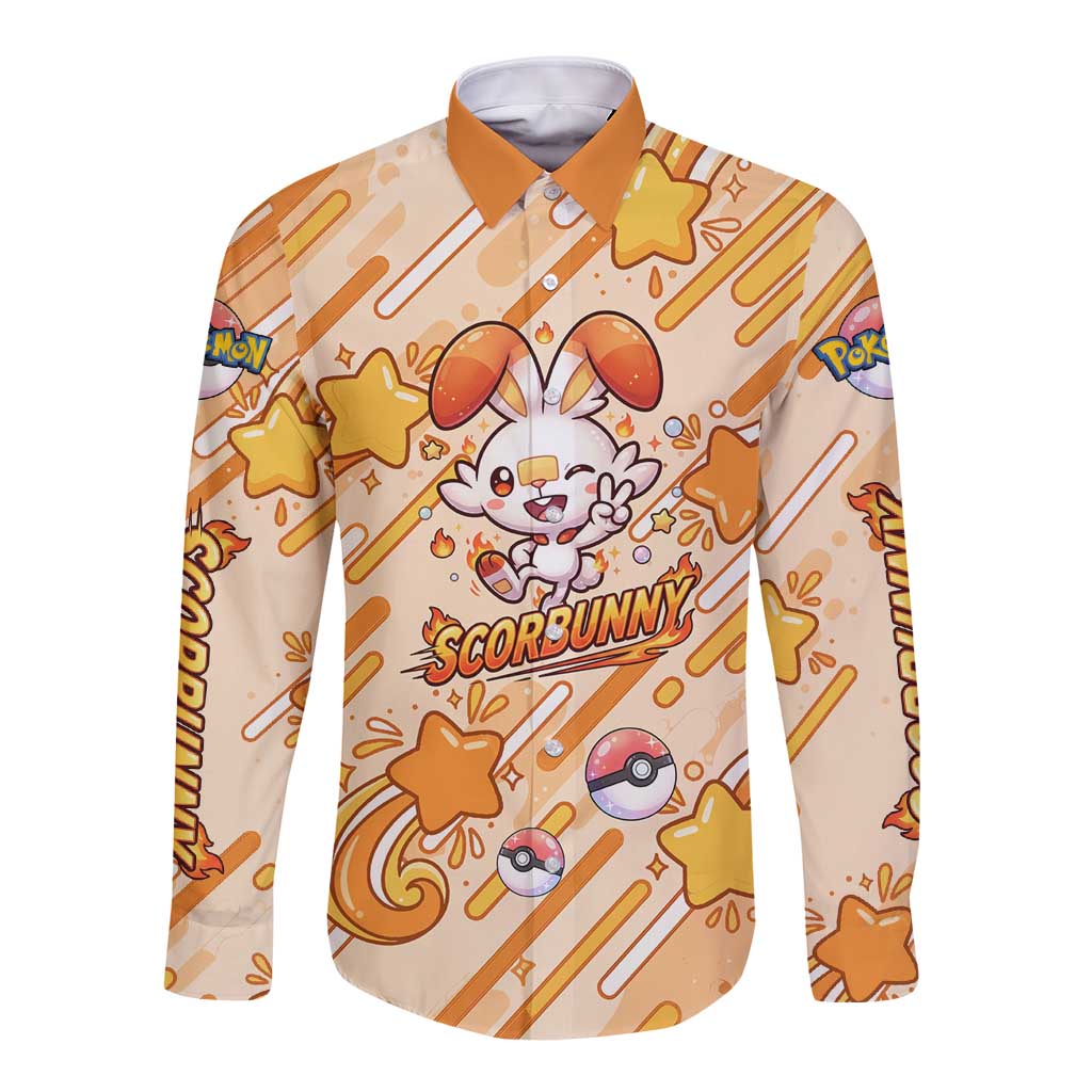 Scorbunny Long Sleeve Button Shirt Energetic Fire Starburst Art