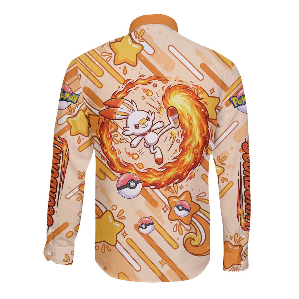 Scorbunny Long Sleeve Button Shirt Energetic Fire Starburst Art