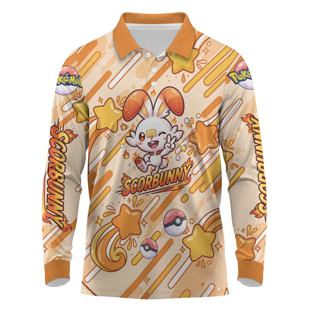 Scorbunny Long Sleeve Polo Shirt Energetic Fire Starburst Art