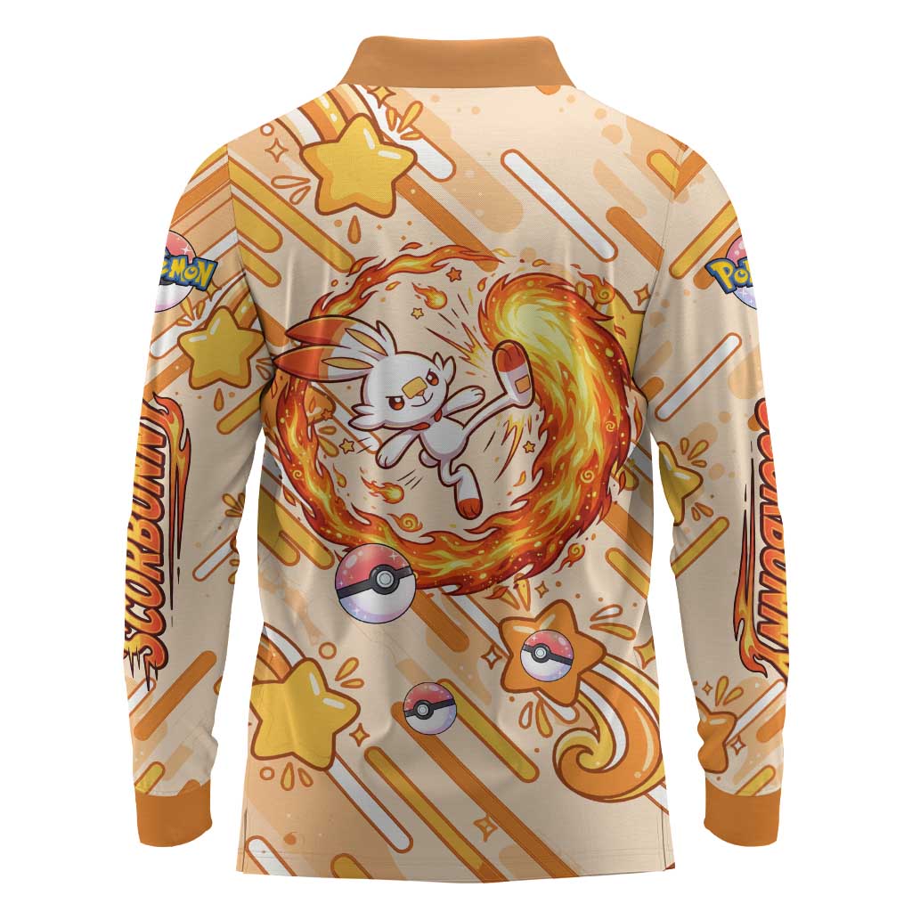Scorbunny Long Sleeve Polo Shirt Energetic Fire Starburst Art