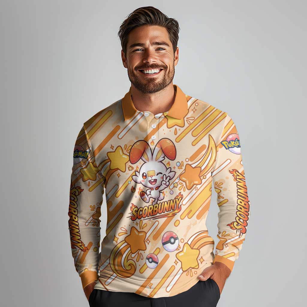 Scorbunny Long Sleeve Polo Shirt Energetic Fire Starburst Art