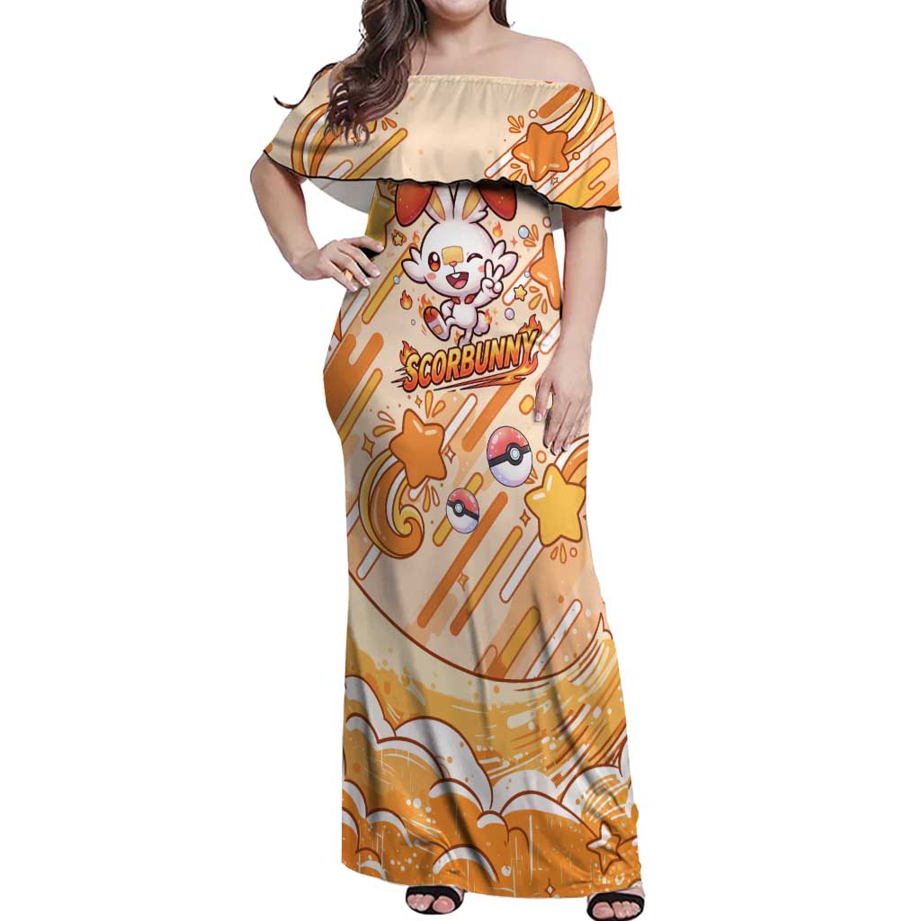 Scorbunny Off Shoulder Maxi Dress Energetic Fire Starburst Art