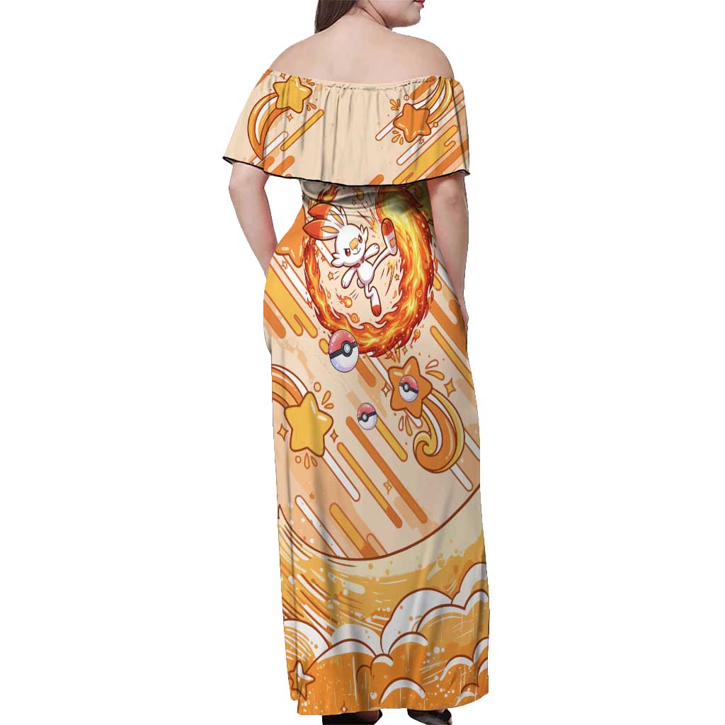Scorbunny Off Shoulder Maxi Dress Energetic Fire Starburst Art