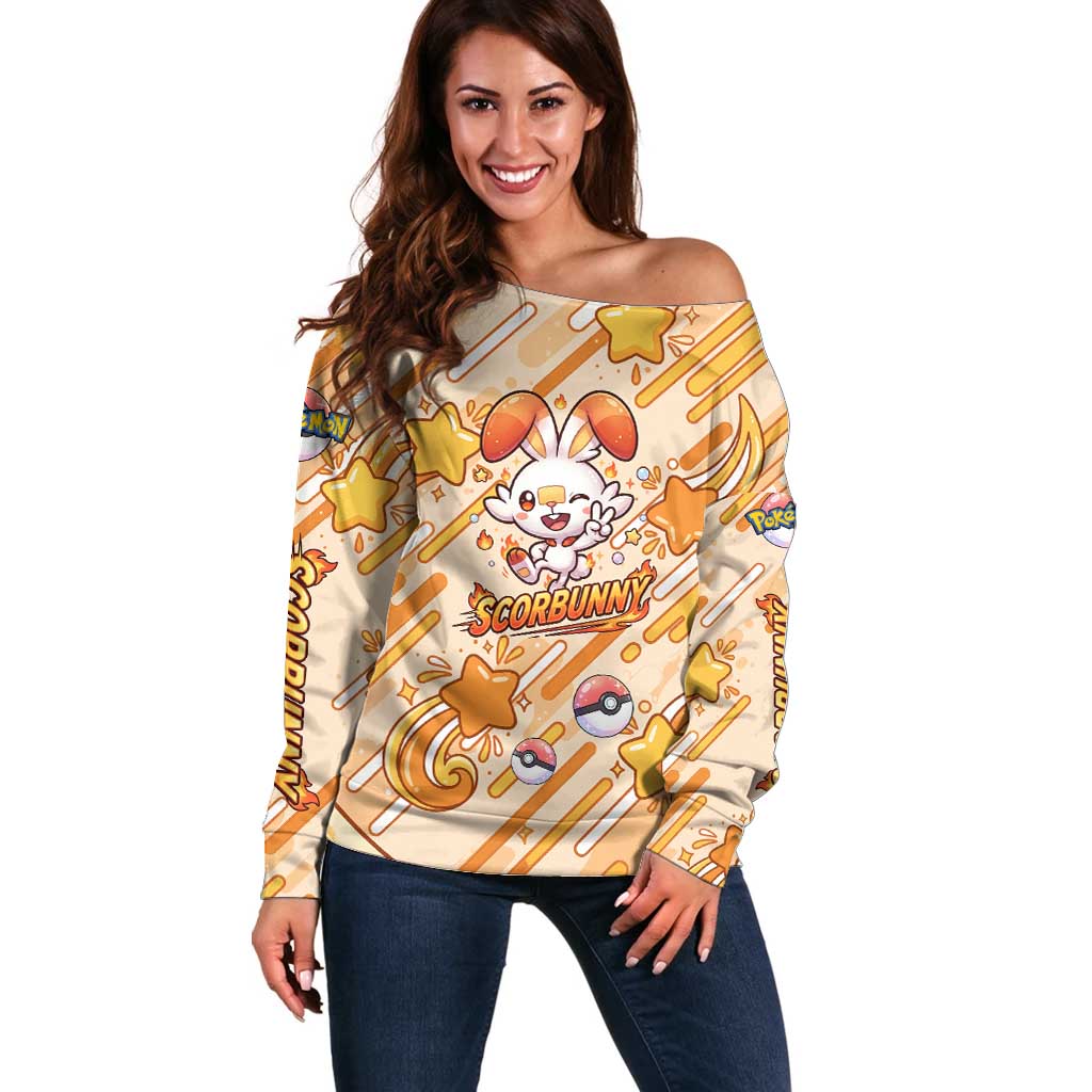 Scorbunny Off Shoulder Sweater Energetic Fire Starburst Art