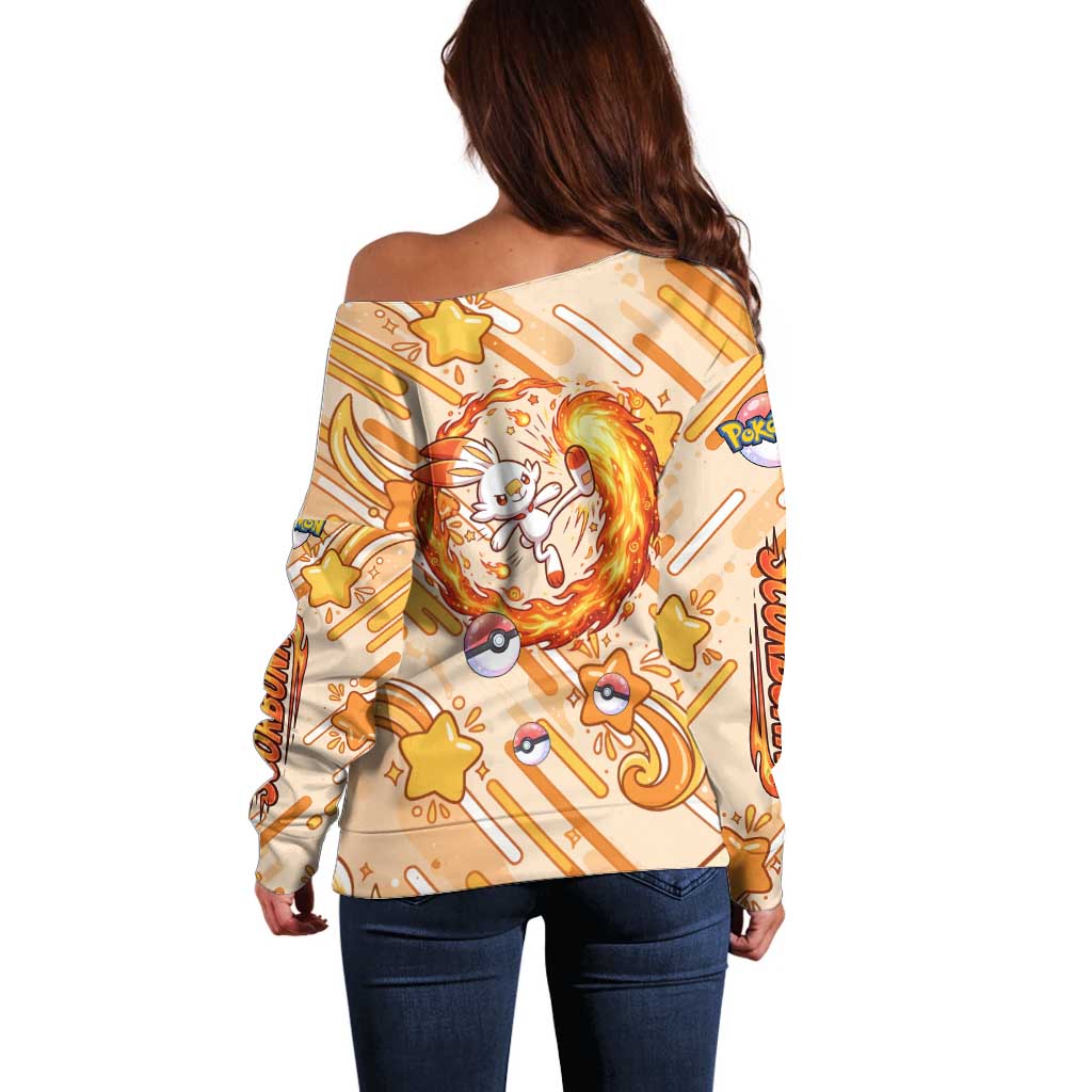Scorbunny Off Shoulder Sweater Energetic Fire Starburst Art