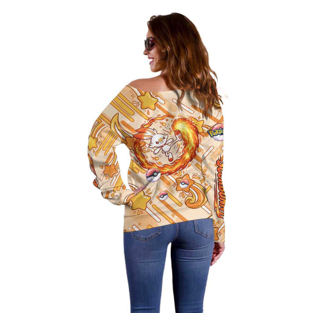 Scorbunny Off Shoulder Sweater Energetic Fire Starburst Art