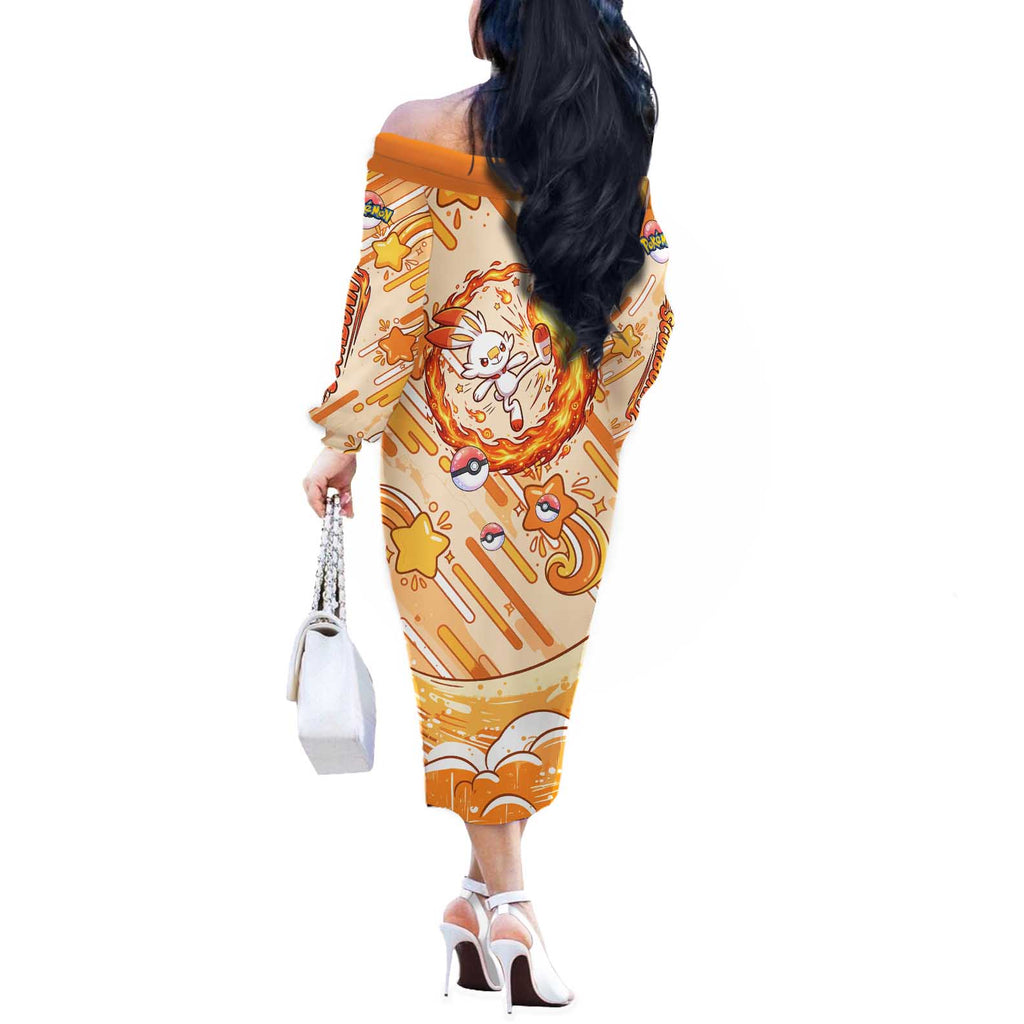 Scorbunny Off The Shoulder Long Sleeve Dress Energetic Fire Starburst Art