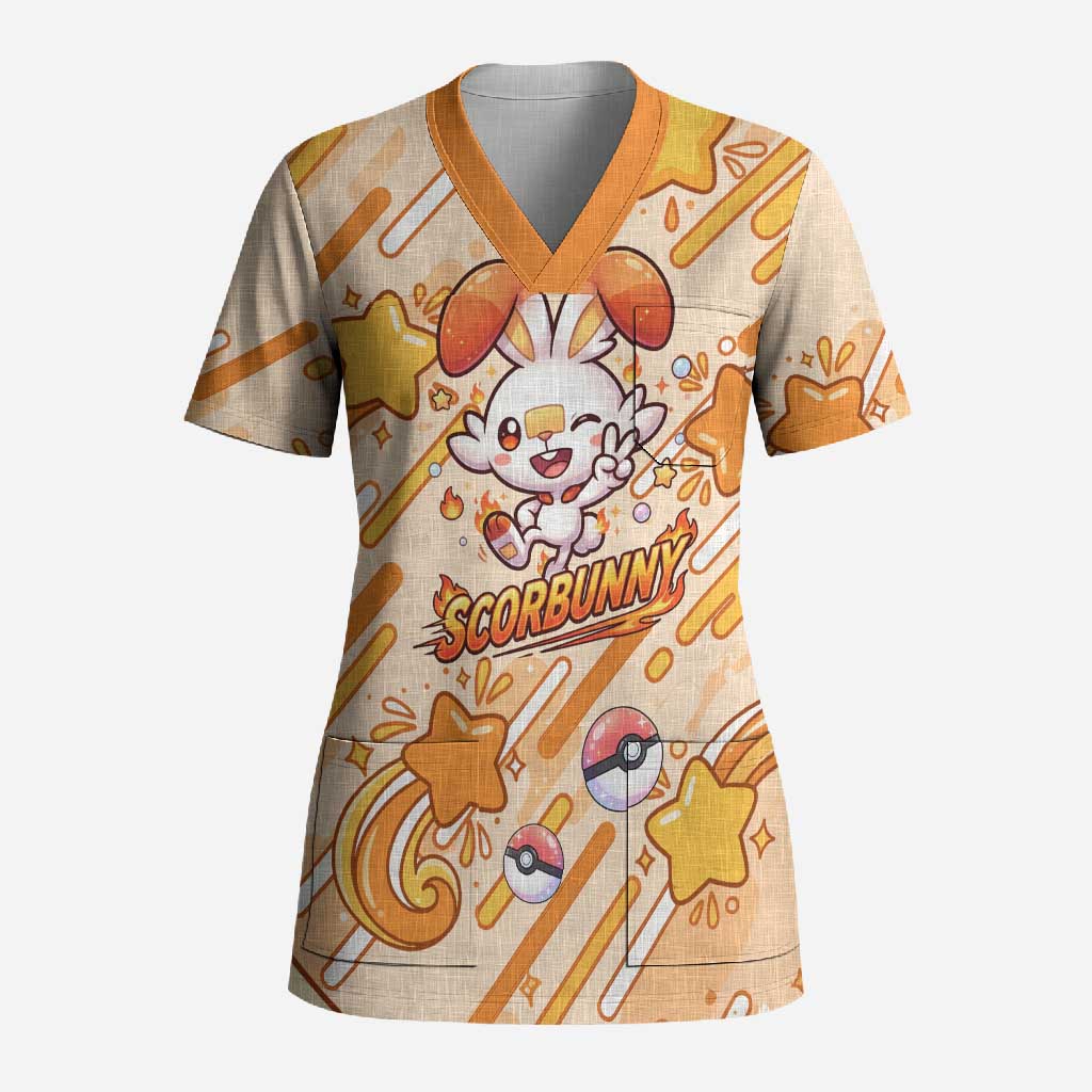 Scorbunny Scrub Top Energetic Fire Starburst Art