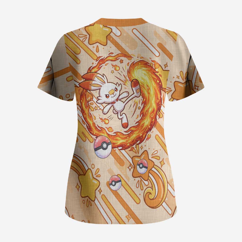 Scorbunny Scrub Top Energetic Fire Starburst Art