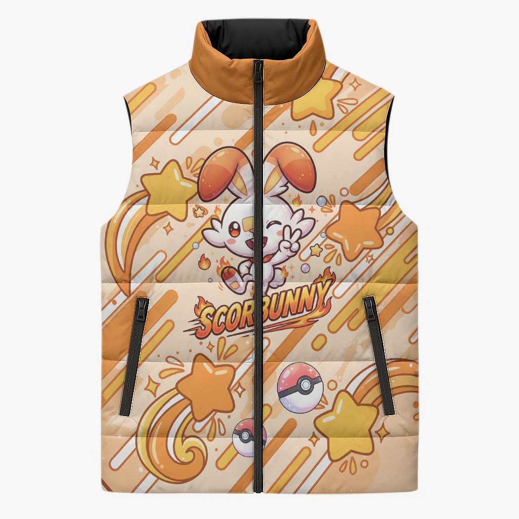 Scorbunny Sleeveless Puffer Jacket Energetic Fire Starburst Art