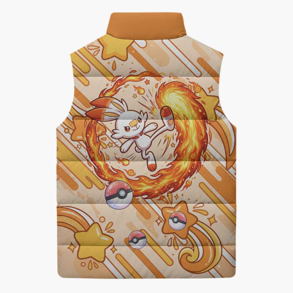 Scorbunny Sleeveless Puffer Jacket Energetic Fire Starburst Art