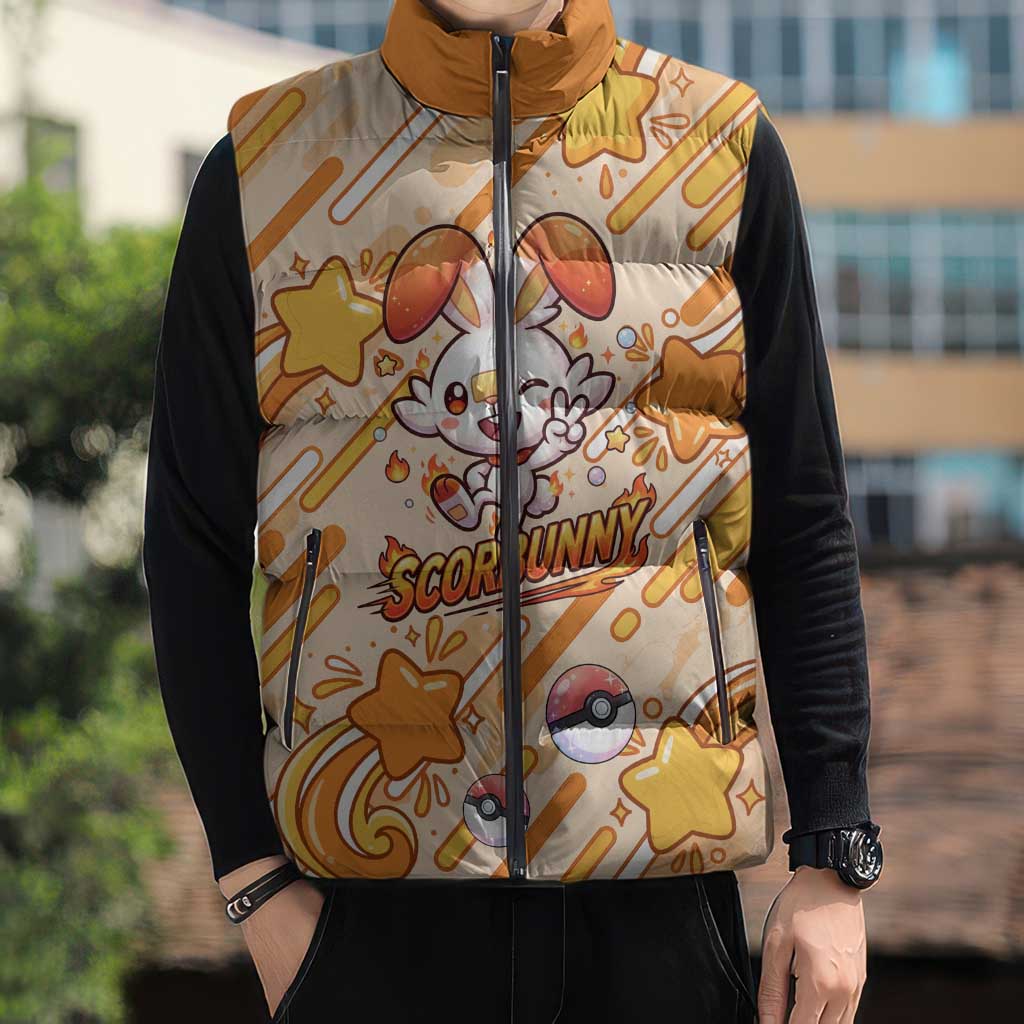 Scorbunny Sleeveless Puffer Jacket Energetic Fire Starburst Art