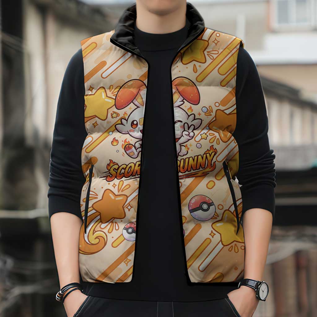 Scorbunny Sleeveless Puffer Jacket Energetic Fire Starburst Art