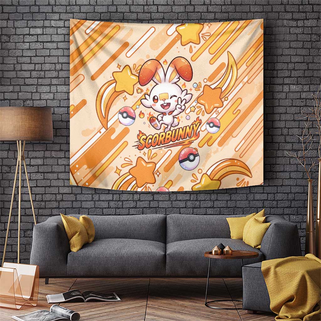 Scorbunny Tapestry Energetic Fire Starburst Art