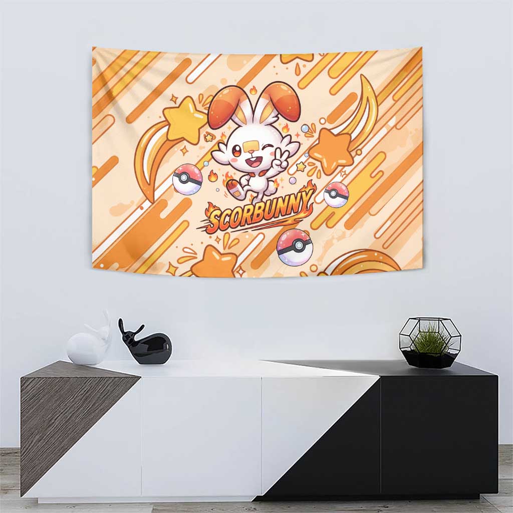 Scorbunny Tapestry Energetic Fire Starburst Art