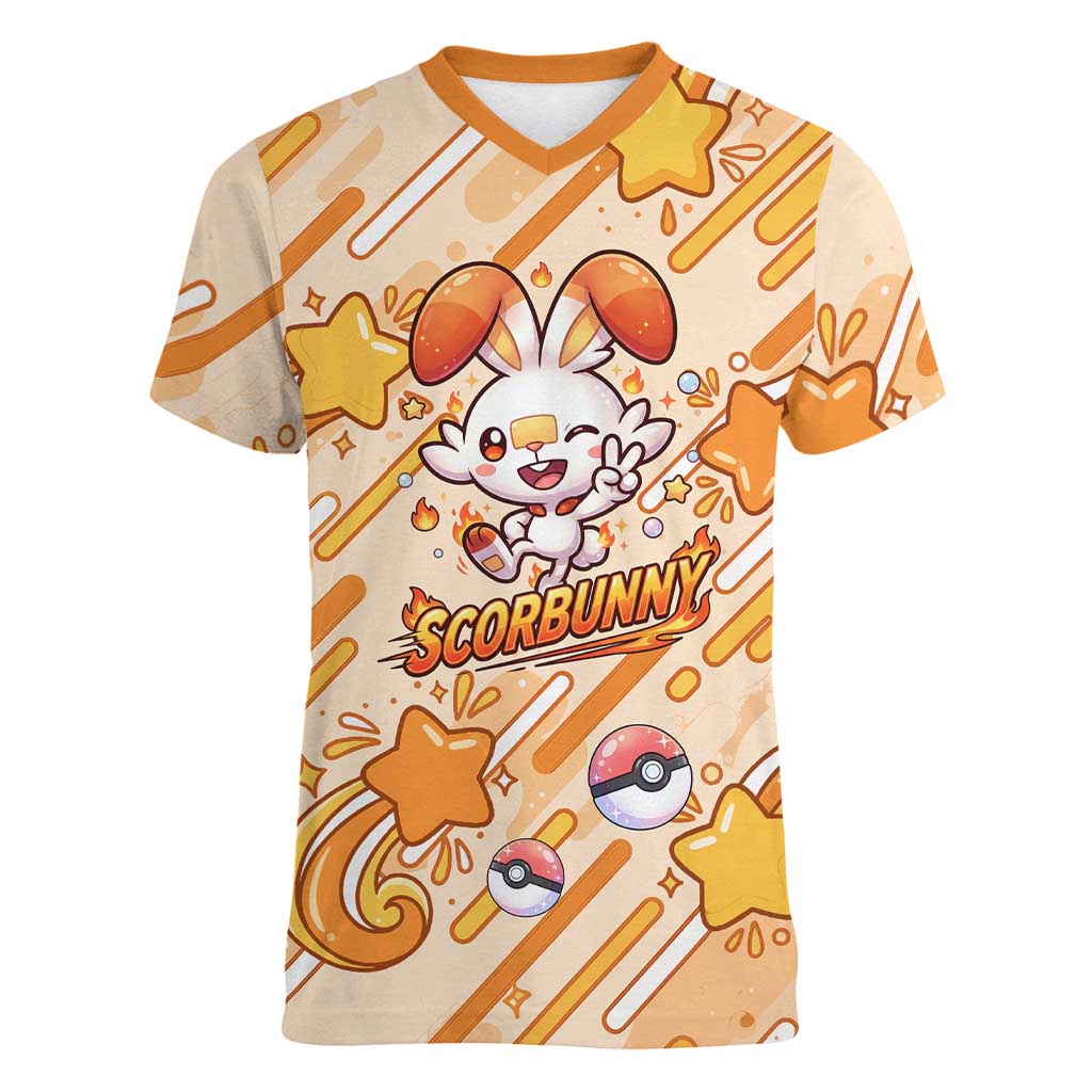 Scorbunny Women V-Neck T-Shirt Energetic Fire Starburst Art