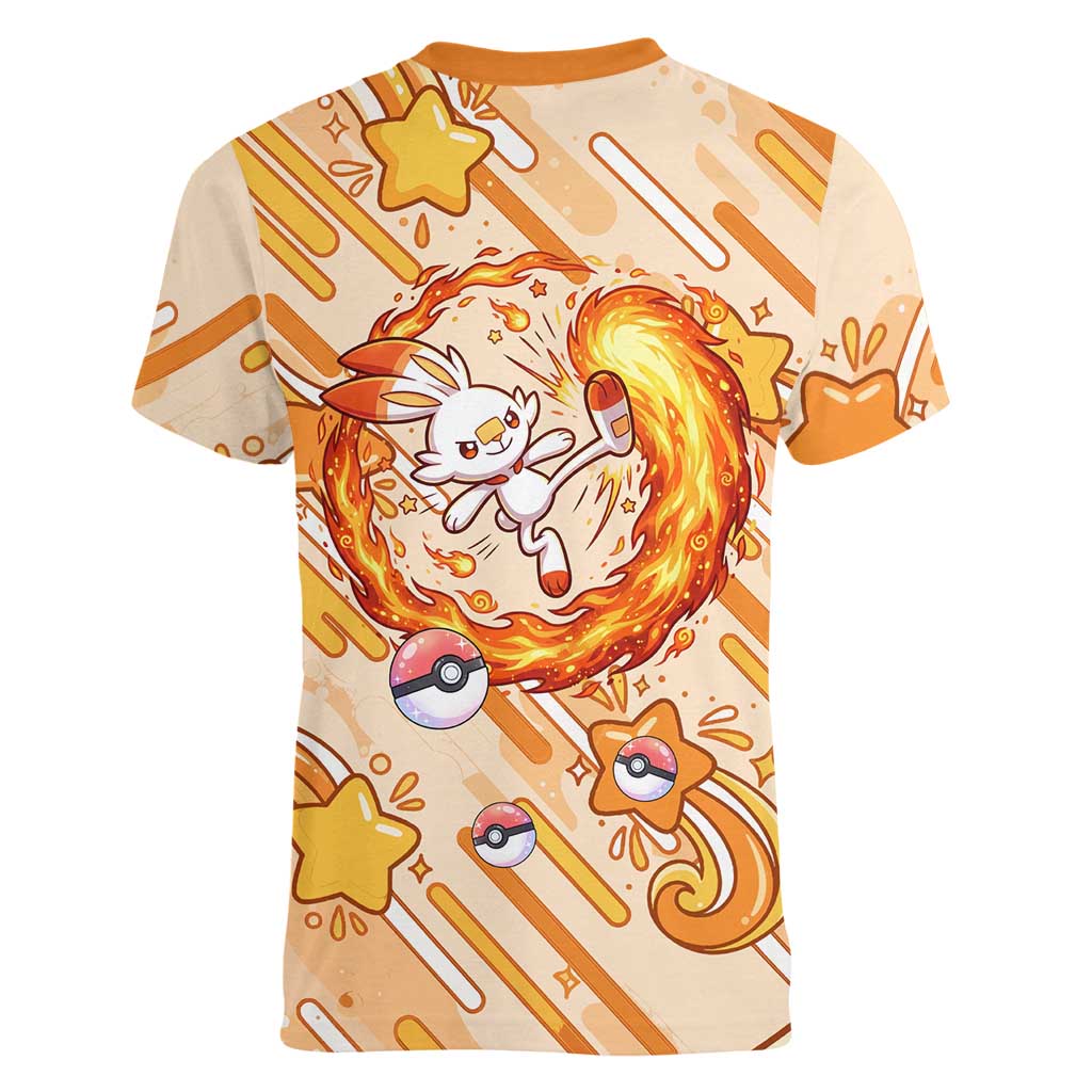 Scorbunny Women V-Neck T-Shirt Energetic Fire Starburst Art
