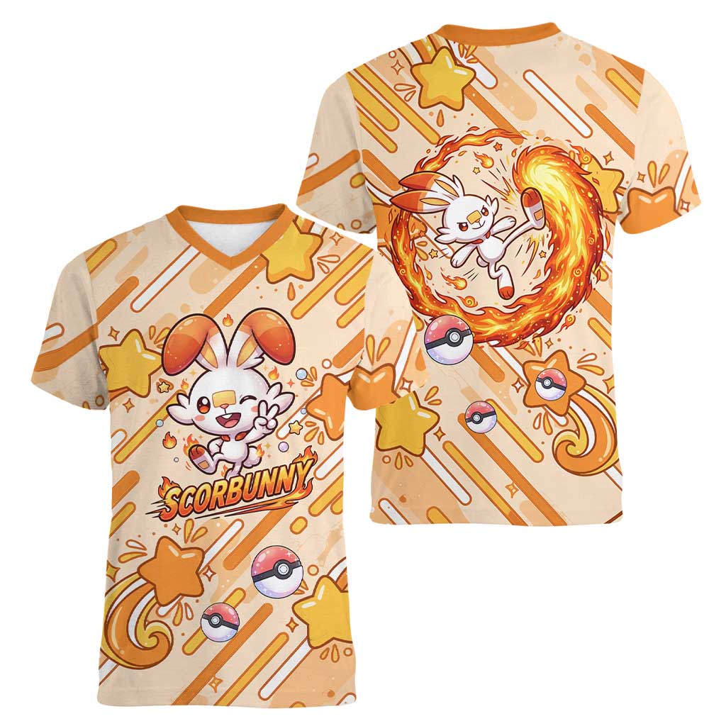 Scorbunny Women V-Neck T-Shirt Energetic Fire Starburst Art