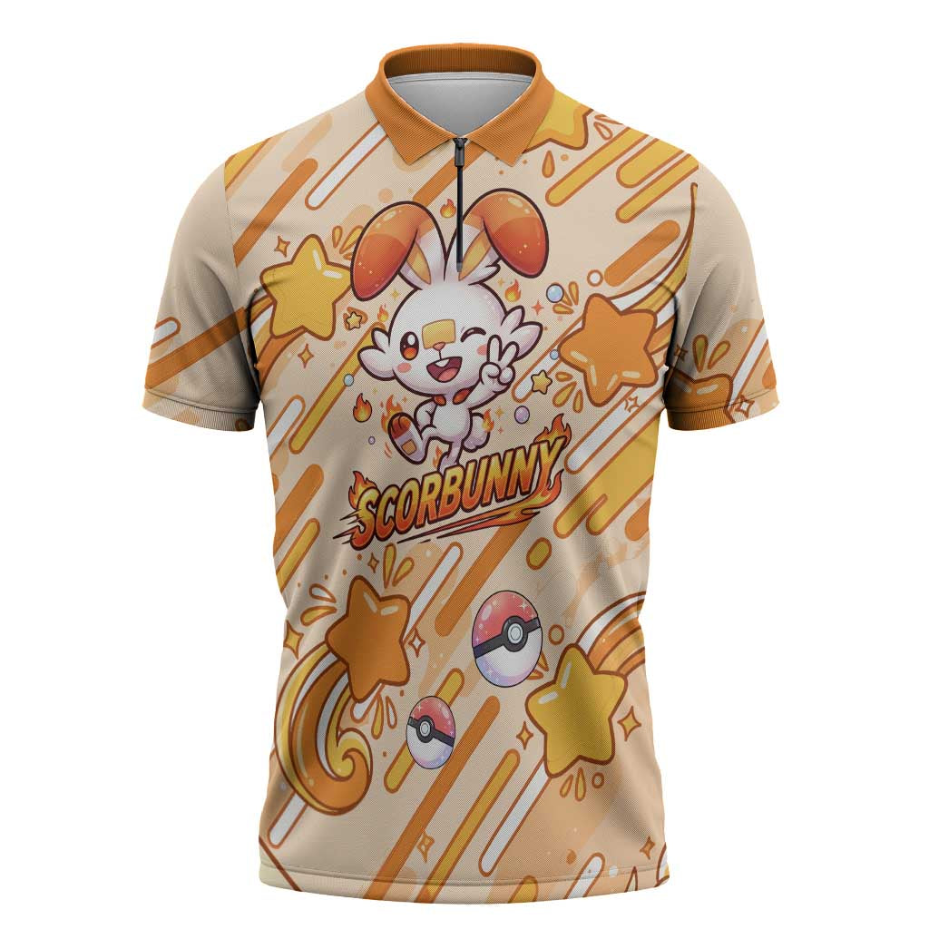 Scorbunny Zipper Polo Shirt Energetic Fire Starburst Art