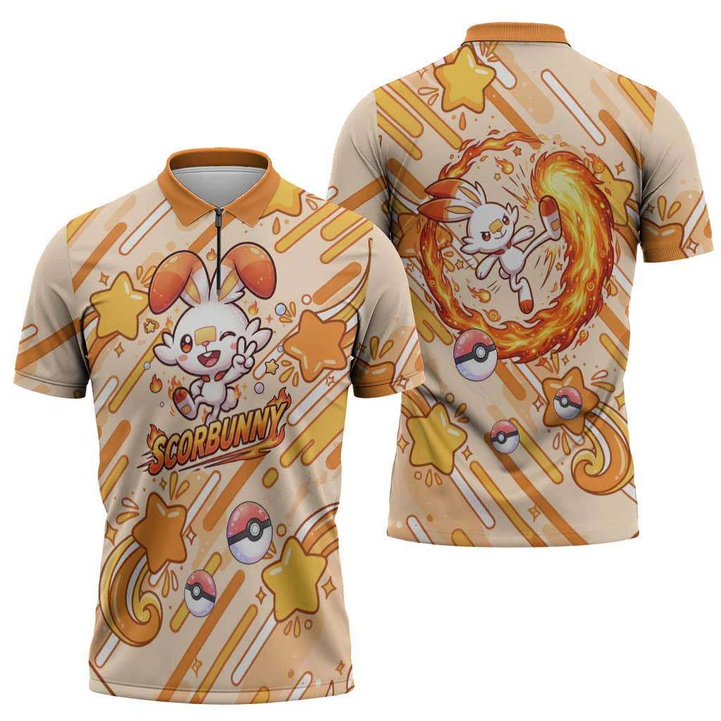 Scorbunny Zipper Polo Shirt Energetic Fire Starburst Art