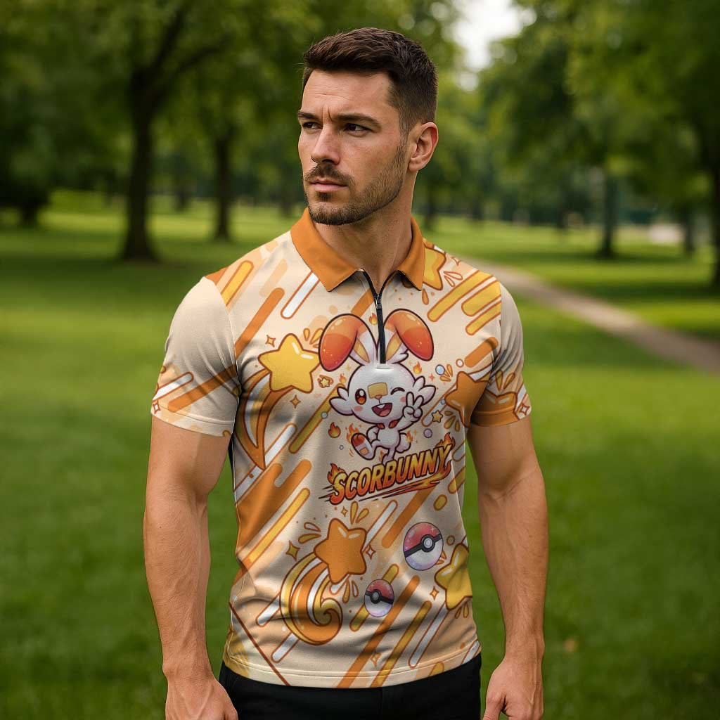 Scorbunny Zipper Polo Shirt Energetic Fire Starburst Art