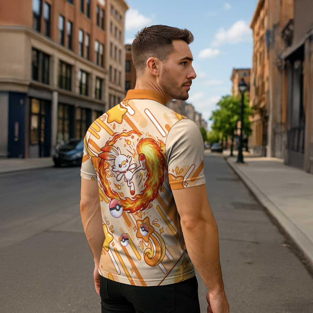 Scorbunny Zipper Polo Shirt Energetic Fire Starburst Art