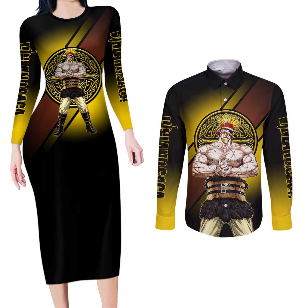 Thorkell Viking Berserker Couples Matching Long Sleeve Bodycon Dress and Long Sleeve Button Shirt Viking Manga Illustration Style