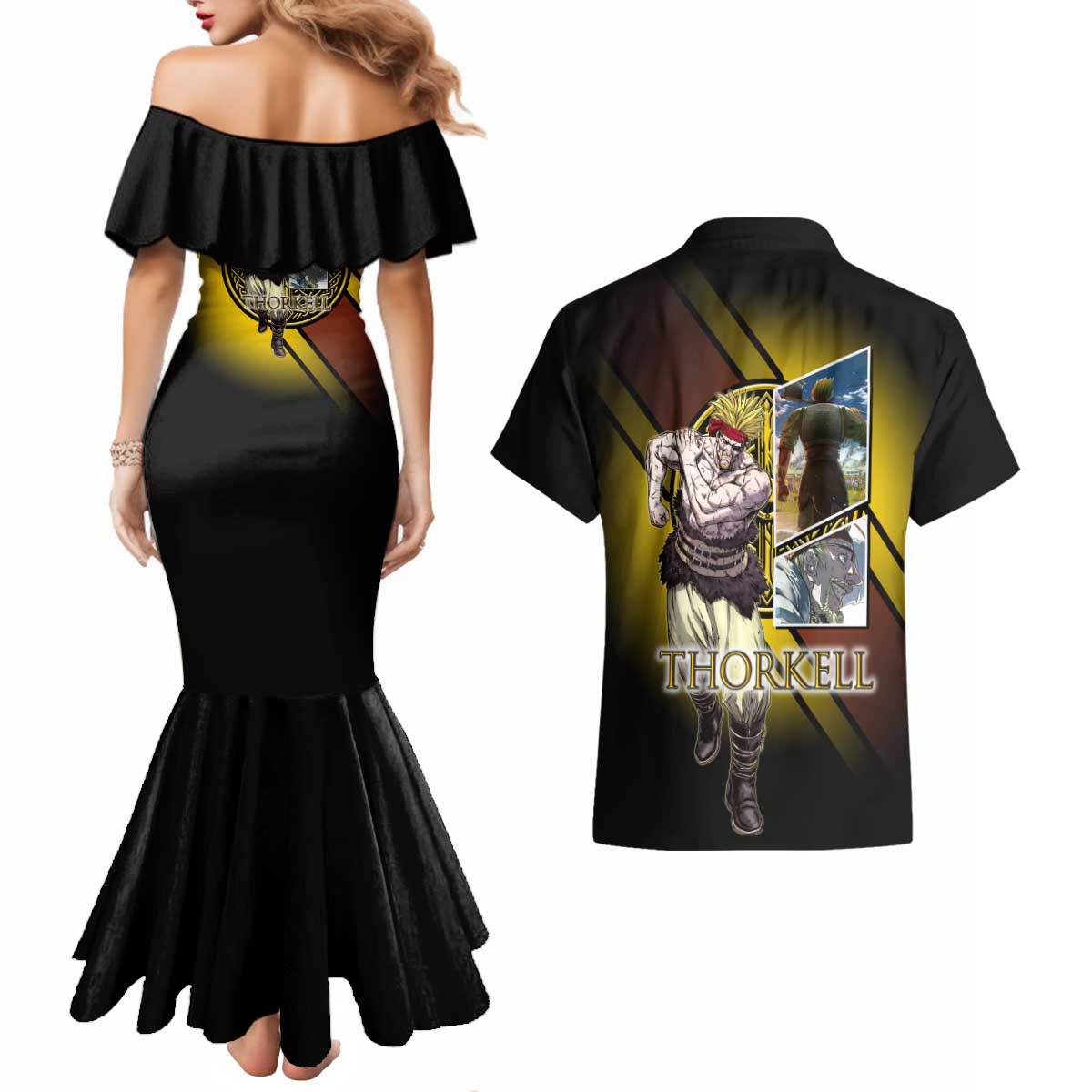 Thorkell Viking Berserker Couples Matching Mermaid Dress and Hawaiian Shirt Viking Manga Illustration Style